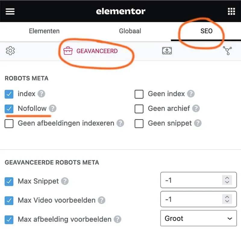 noindex en nofollow in rankmath